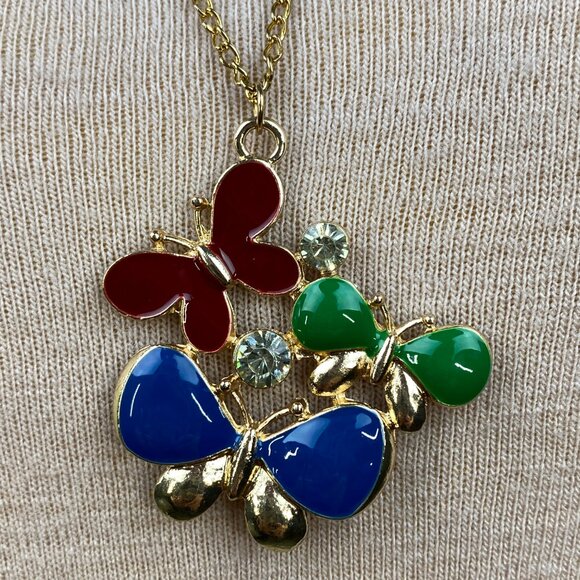 Enamel & Rhinestone Gold Tone Butterfly Pendant Necklace - Picture 3 of 8